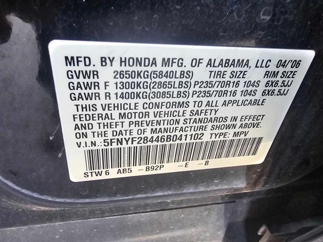 2006 Honda Pilot Ex VIN: 5FNYF28446B041102 Lot: 59538144