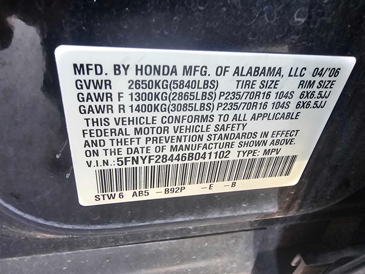 5FNYF28446B041102 2006 Honda Pilot Ex