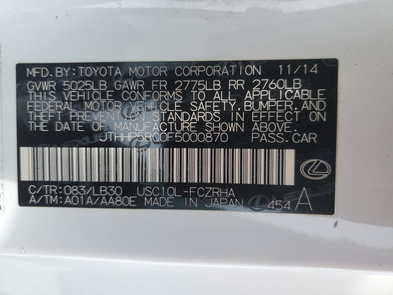 JTHHP5BC0F5000870 2015 Lexus Rc-F