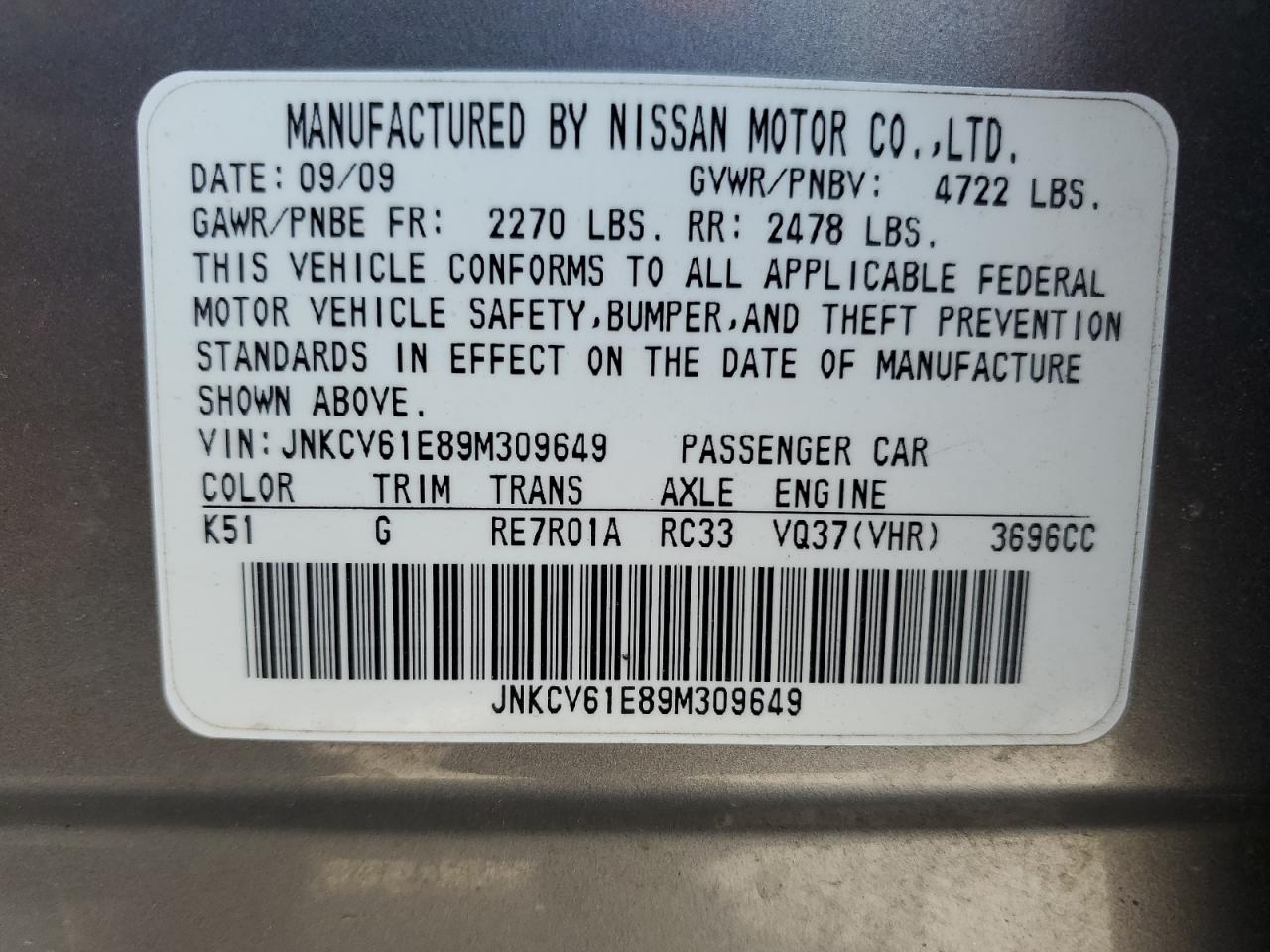 JNKCV61E89M309649 2009 Infiniti G37 Base