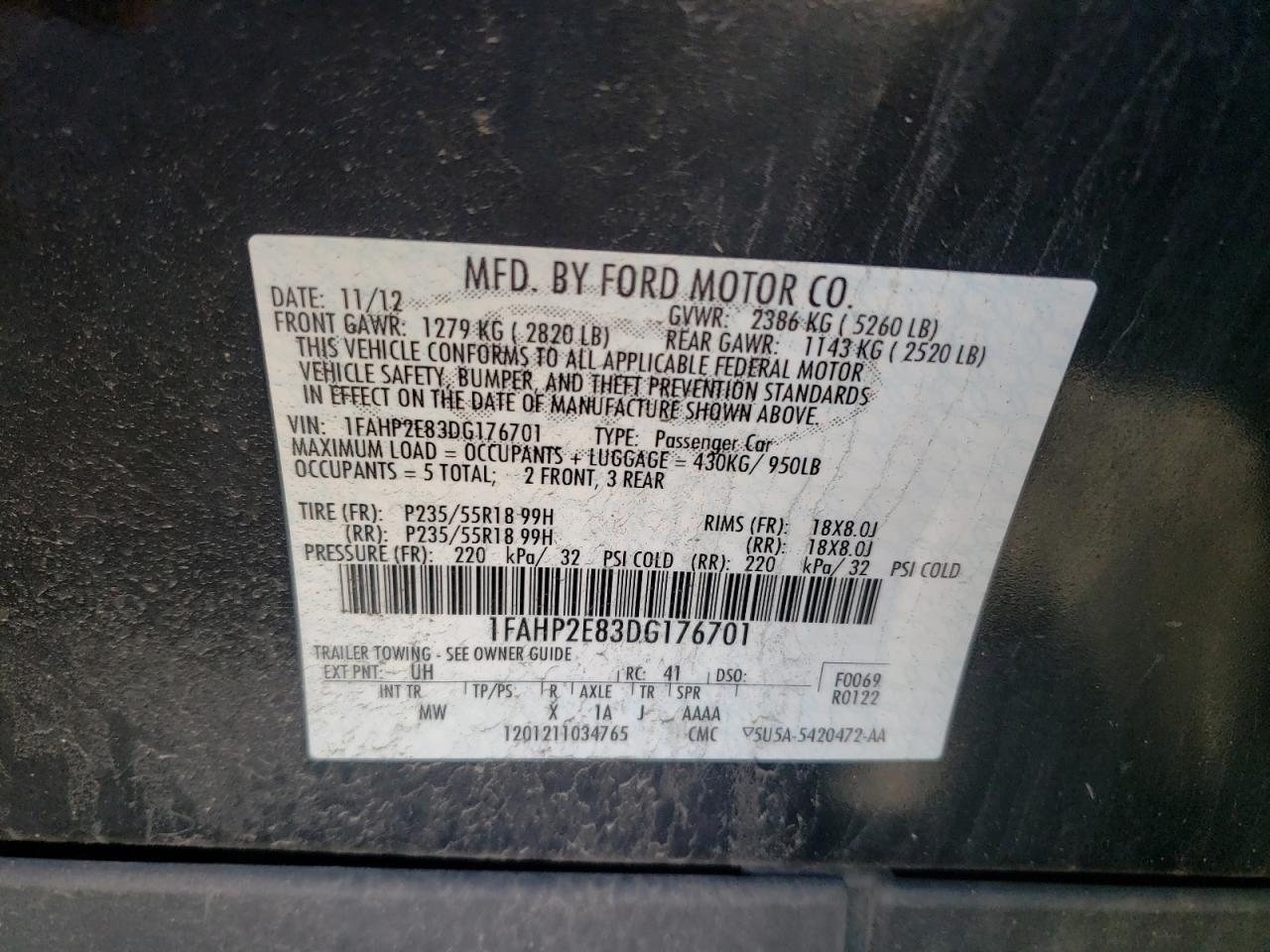 1FAHP2E83DG176701 2013 Ford Taurus Sel