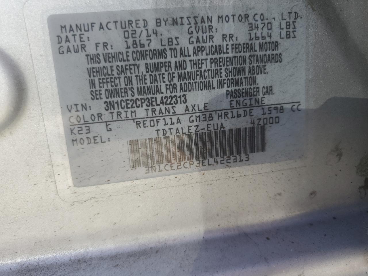 3N1CE2CP3EL422313 2014 Nissan Versa Note S