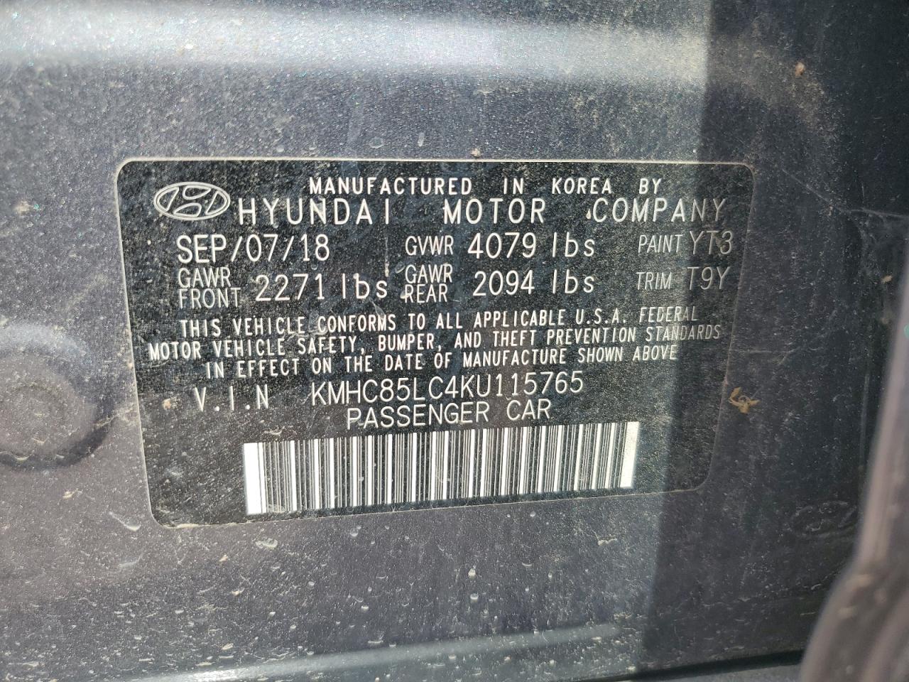 KMHC85LC4KU115765 2019 Hyundai Ioniq Limited