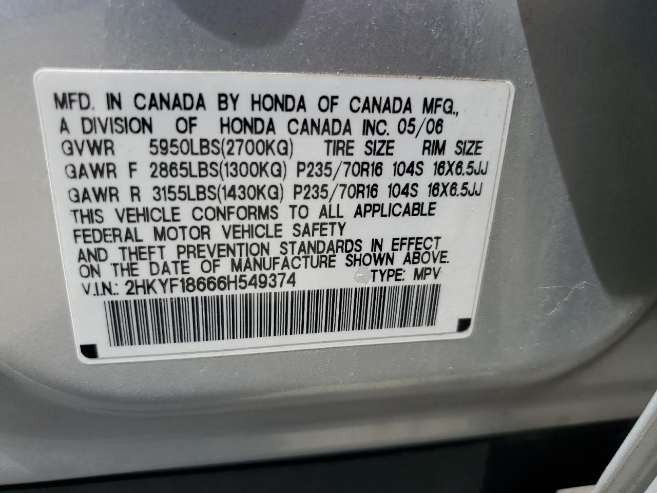 2HKYF18666H549374 2006 Honda Pilot Ex