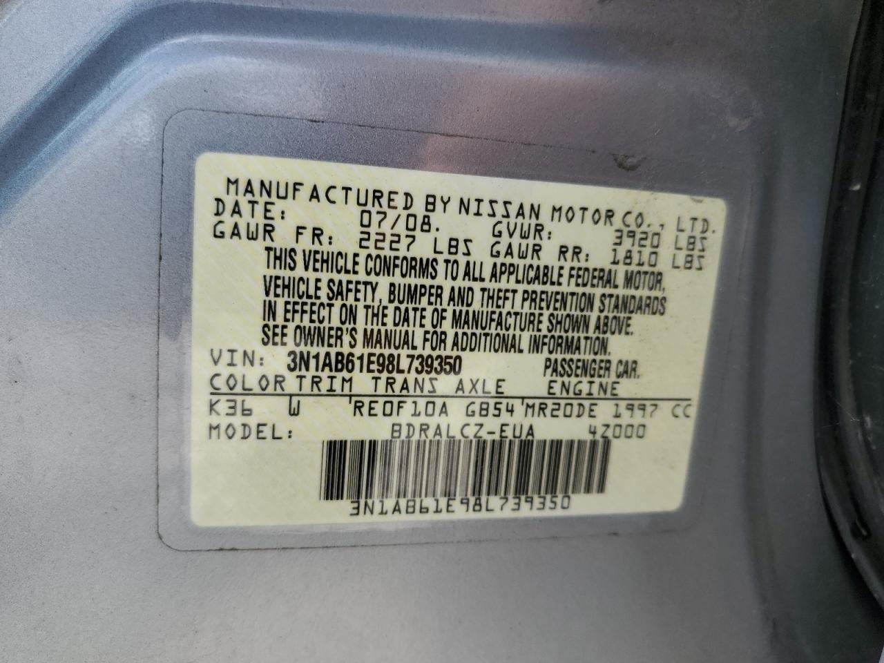 3N1AB61E98L739350 2008 Nissan Sentra 2.0