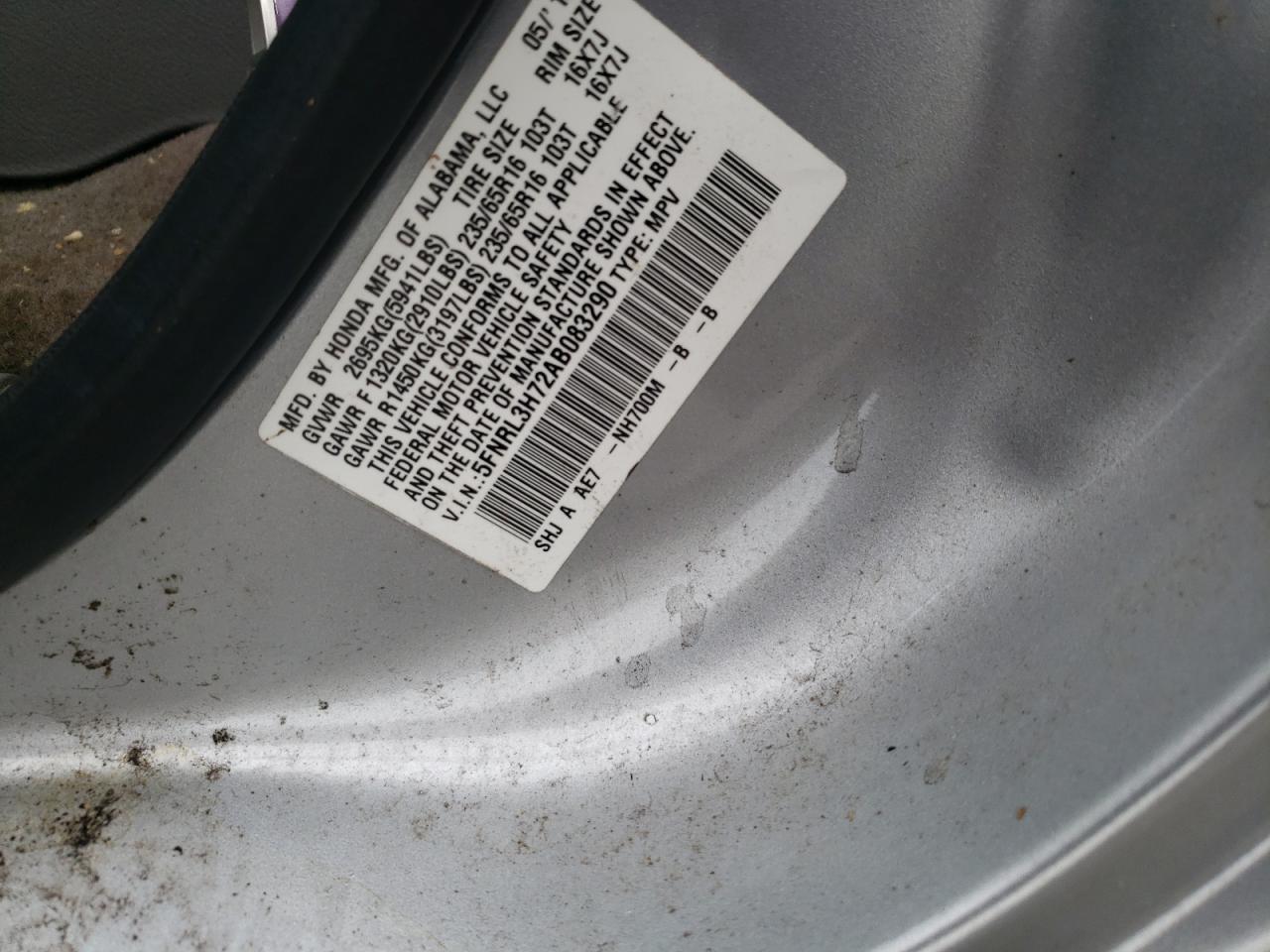 5FNRL3H72AB083290 2010 Honda Odyssey Exl