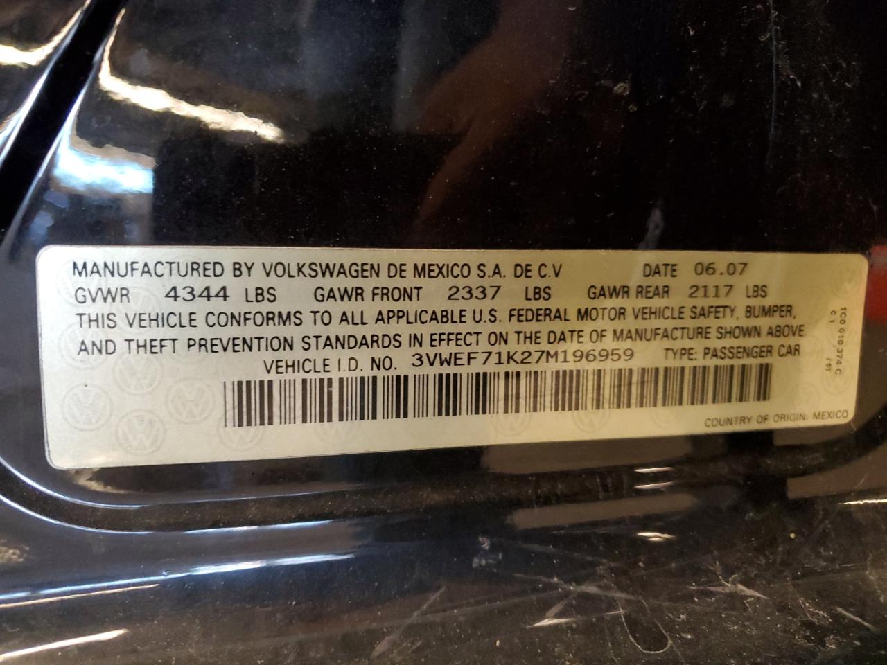 3VWEF71K27M196959 2007 Volkswagen Jetta Wolfsburg