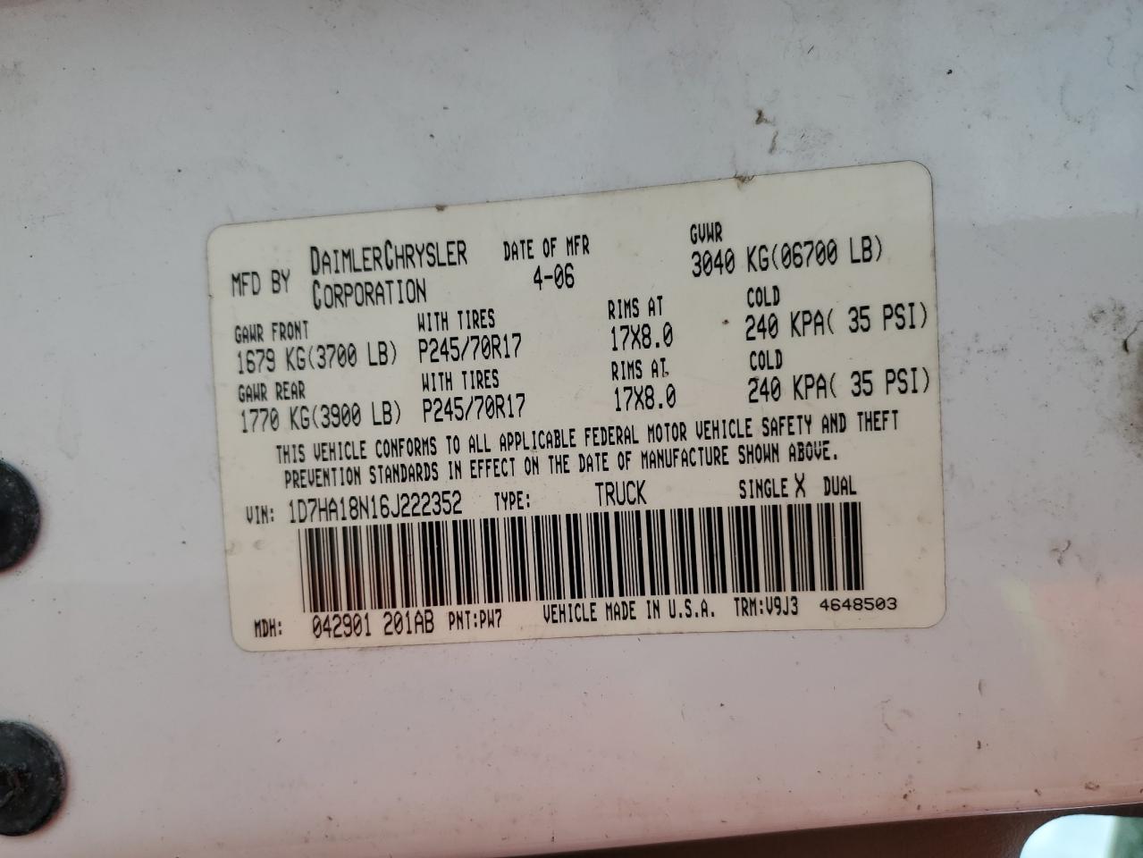 1D7HA18N16J222352 2006 Dodge Ram 1500 St