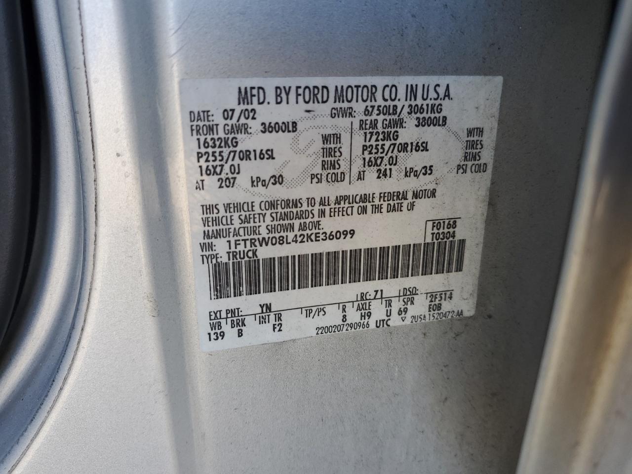 1FTRW08L42KE36099 2002 Ford F150 Supercrew
