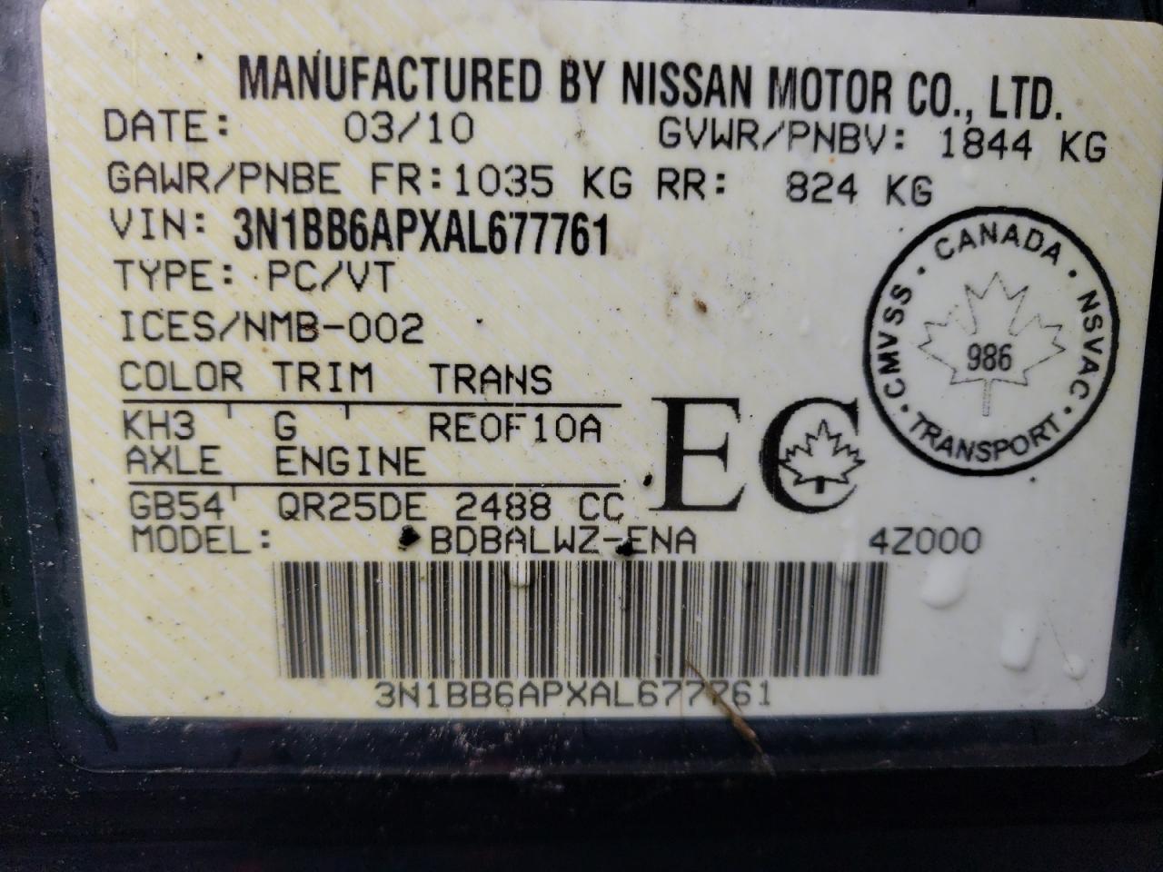 3N1BB6APXAL677761 2010 Nissan Sentra Se-R