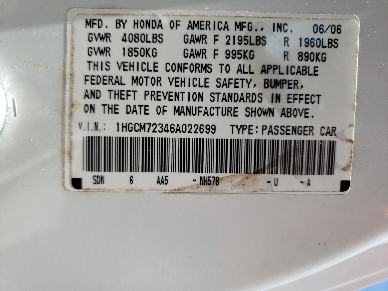 1HGCM72346A022699 2006 Honda Accord Lx