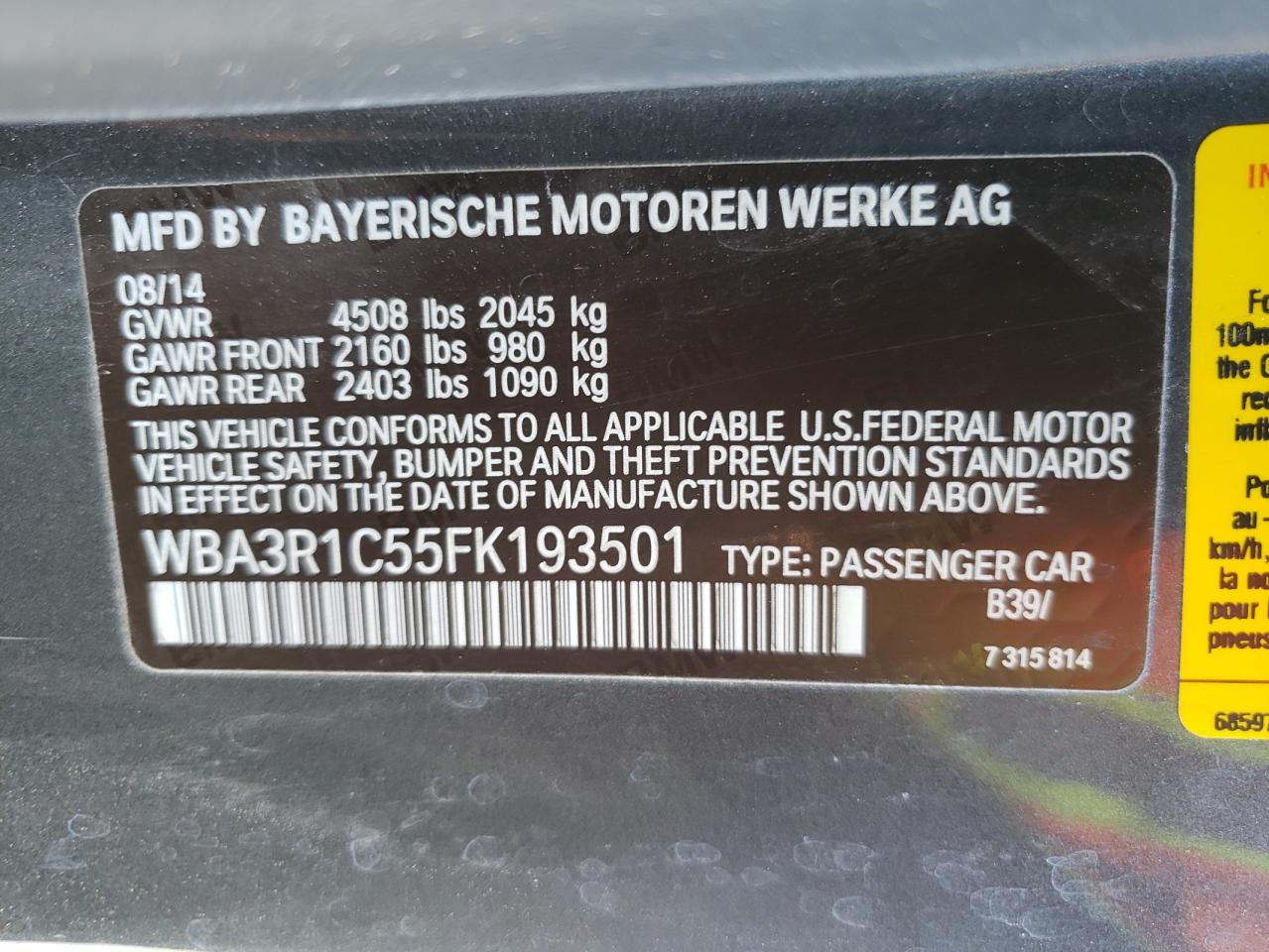 WBA3R1C55FK193501 2015 BMW 435 I