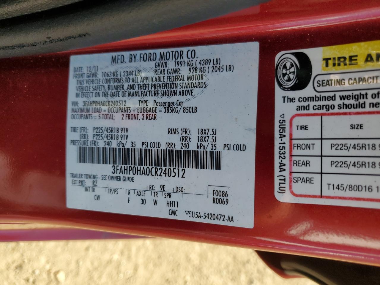 3FAHP0HA0CR240512 2012 Ford Fusion Se