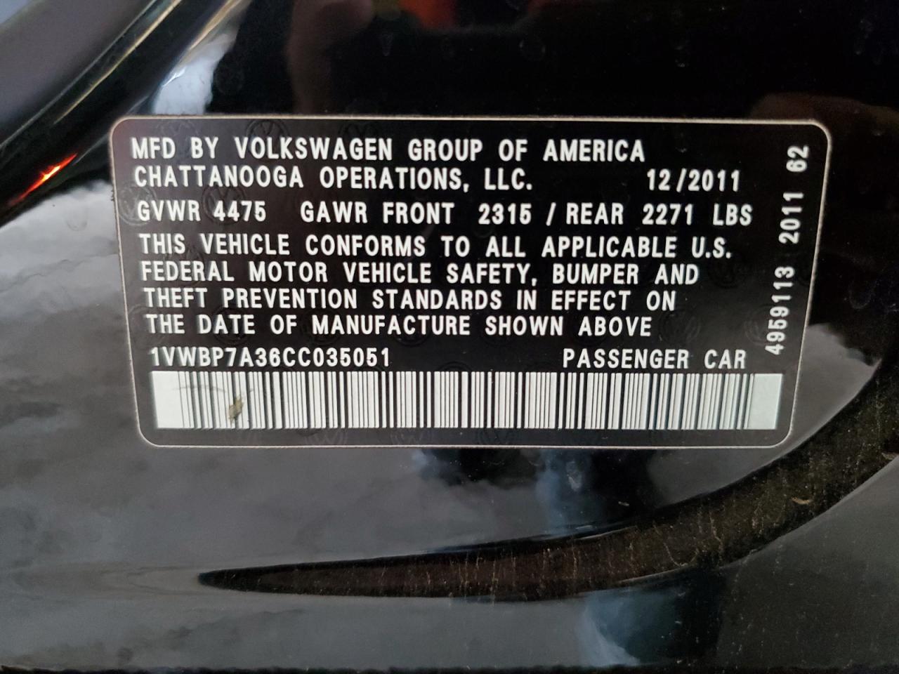 1VWBP7A36CC035051 2012 Volkswagen Passat Se