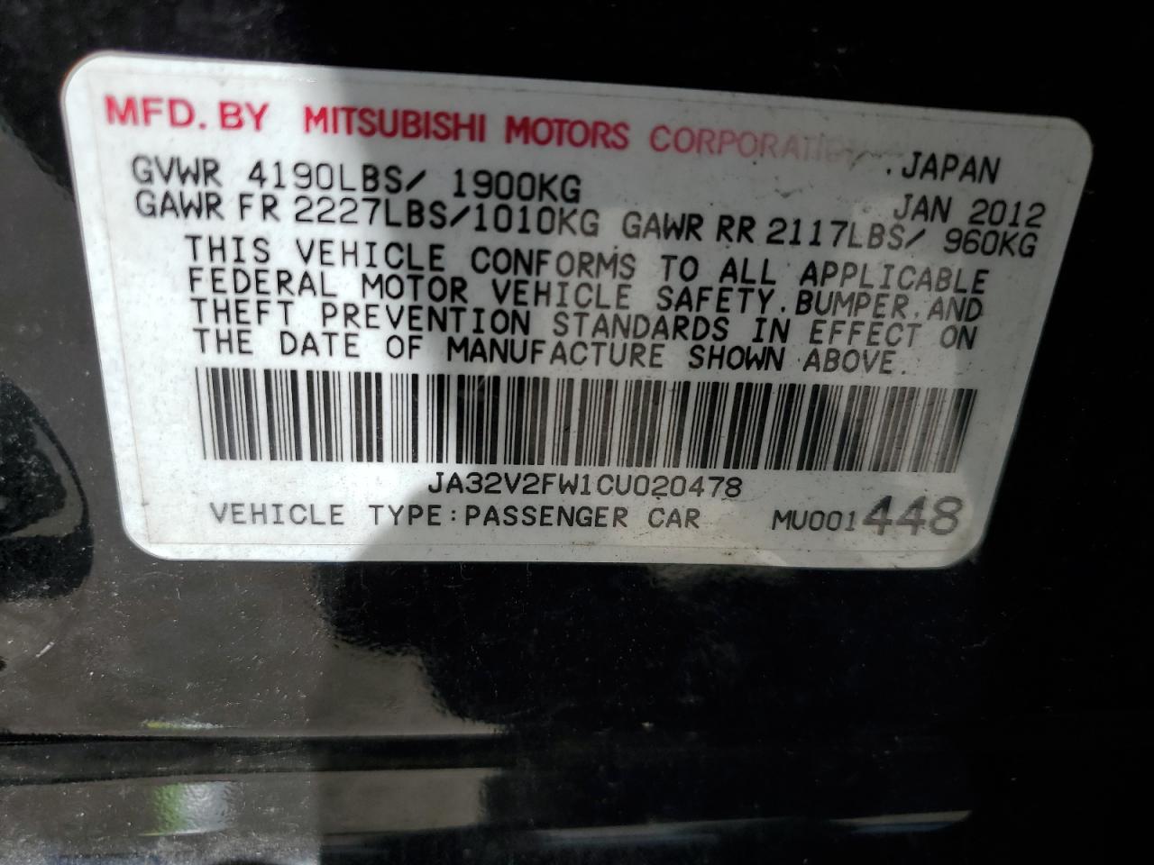 JA32V2FW1CU020478 2012 Mitsubishi Lancer Se