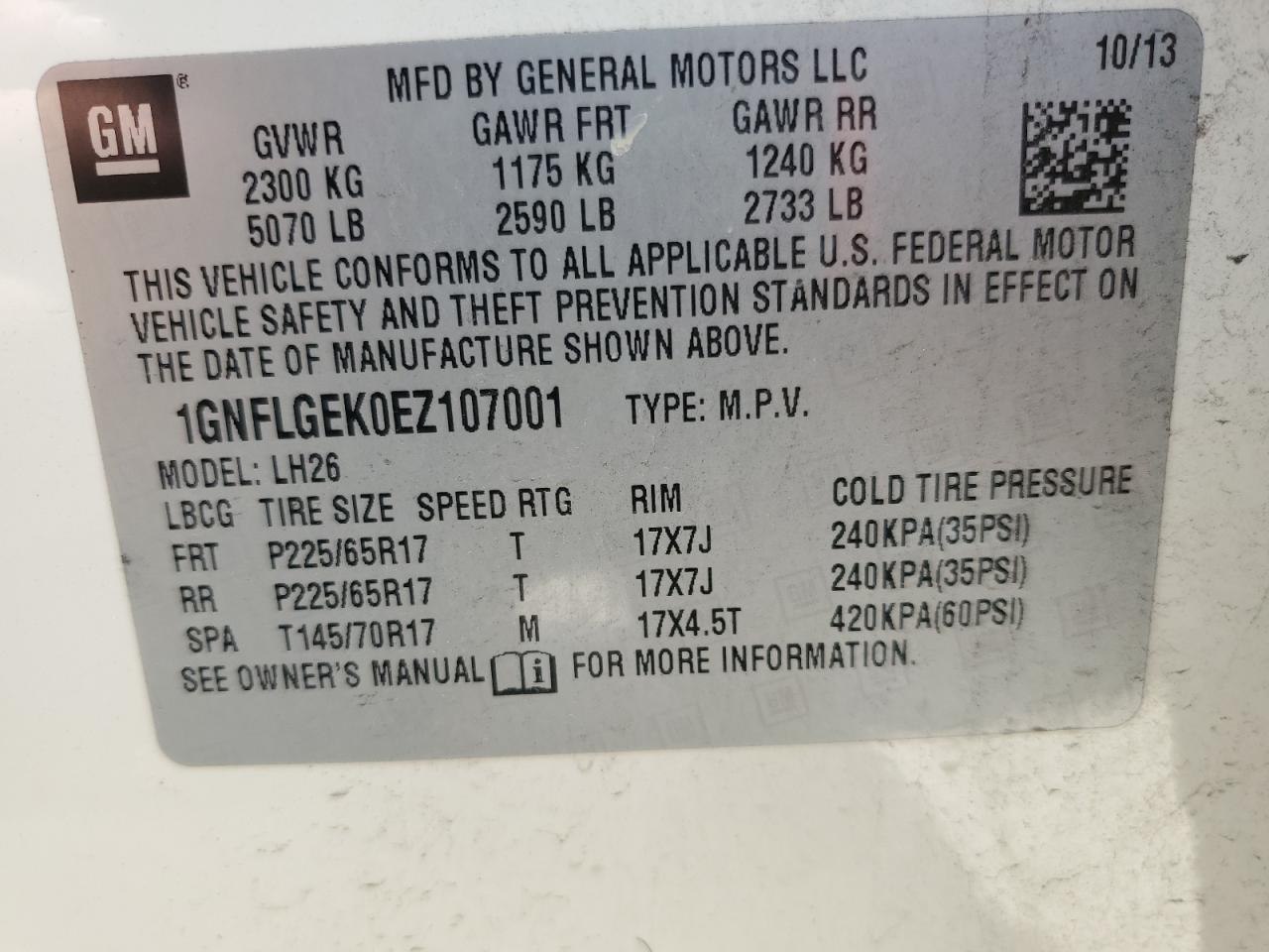 1GNFLGEK0EZ107001 2014 Chevrolet Equinox Lt