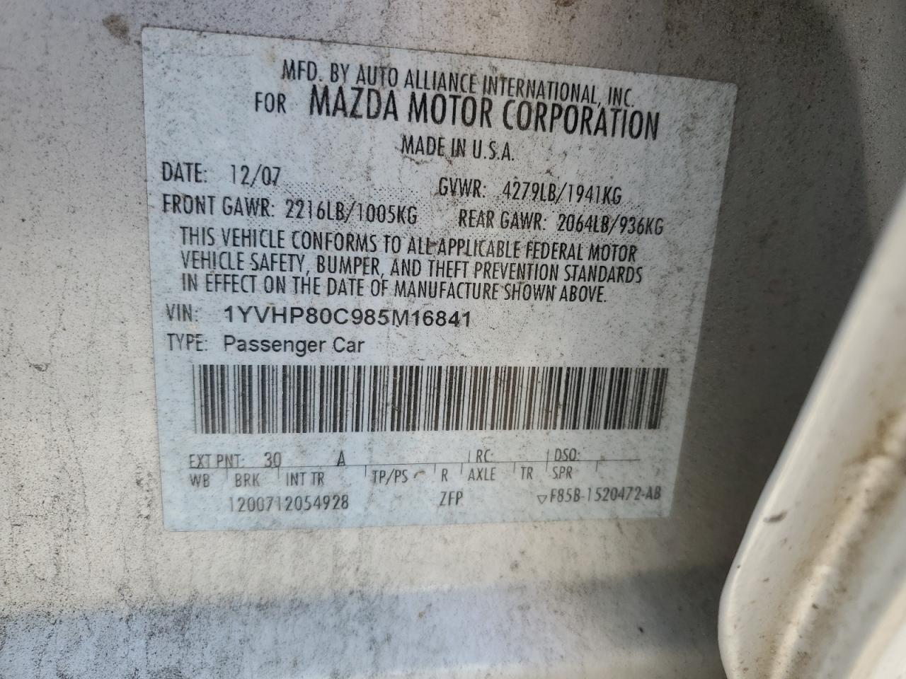 1YVHP80C985M16841 2008 Mazda 6 I