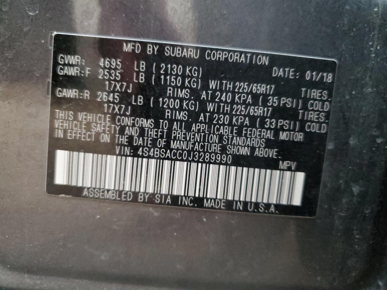 4S4BSACC0J3289990 2018 Subaru Outback 2.5I Premium