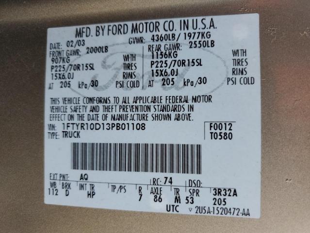 2003 Ford Ranger VIN: 1FTYR10D13PB01108 Lot: 59925834