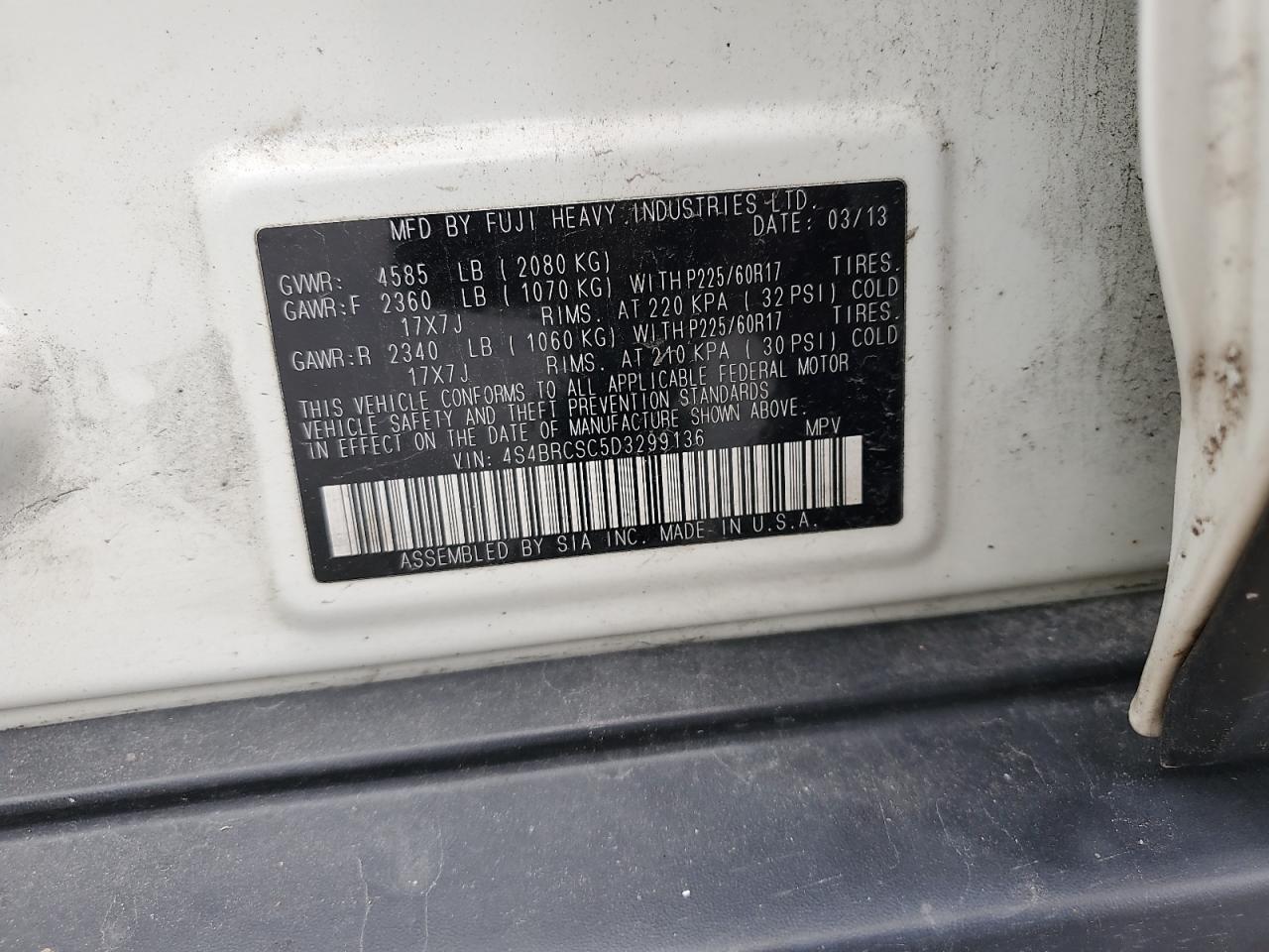 4S4BRCSC5D3299136 2013 Subaru Outback 2.5I Limited