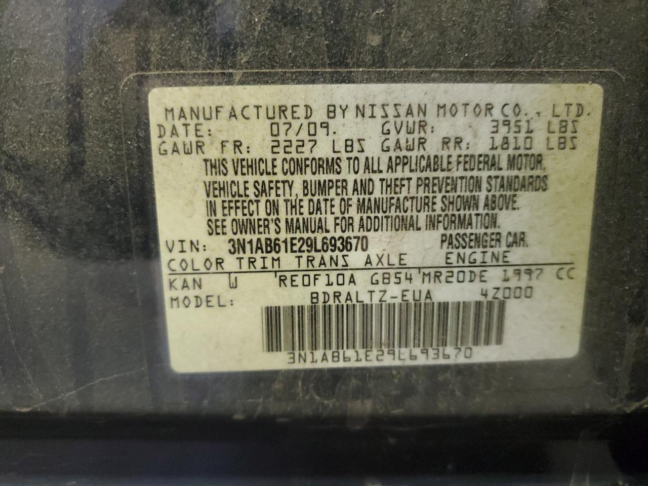 3N1AB61E29L693670 2009 Nissan Sentra 2.0