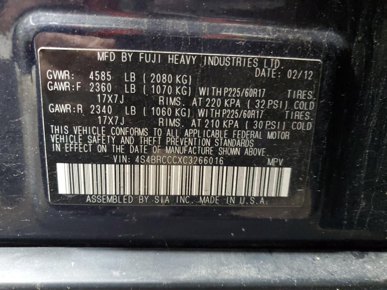 4S4BRCCCXC3266016 2012 Subaru Outback 2.5I Premium