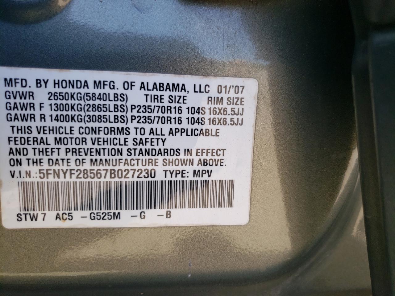 5FNYF28567B027230 2007 Honda Pilot Exl