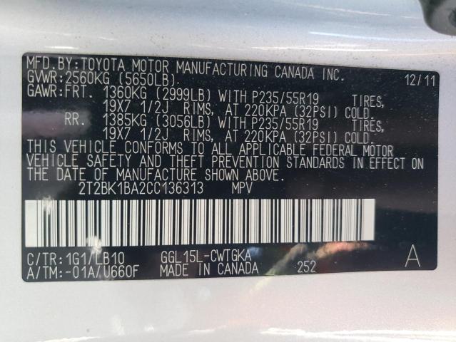 2012 Lexus Rx 350 VIN: 2T2BK1BA2CC136313 Lot: 57834624