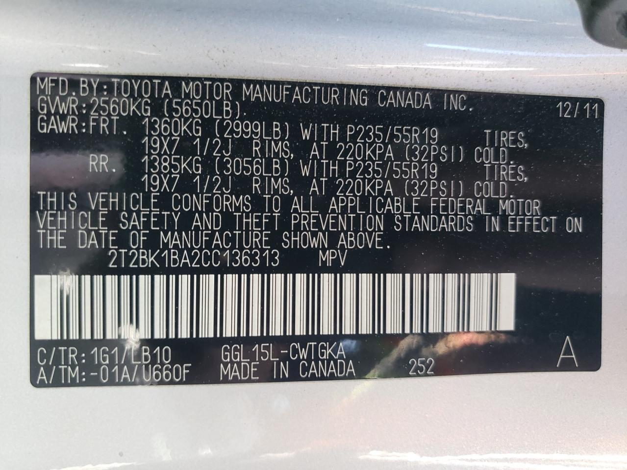 2T2BK1BA2CC136313 2012 Lexus Rx 350