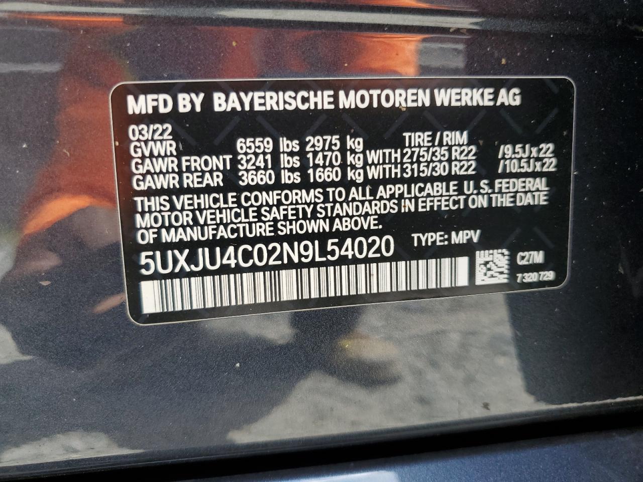 5UXJU4C02N9L54020 2022 BMW X5 M50I