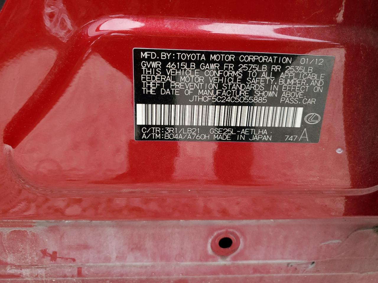 JTHCF5C24C5055885 2012 Lexus Is 250