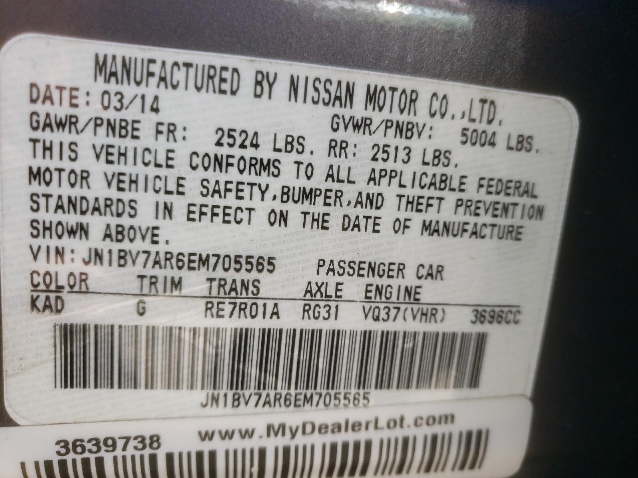 JN1BV7AR6EM705565 2014 Infiniti Q50 Base