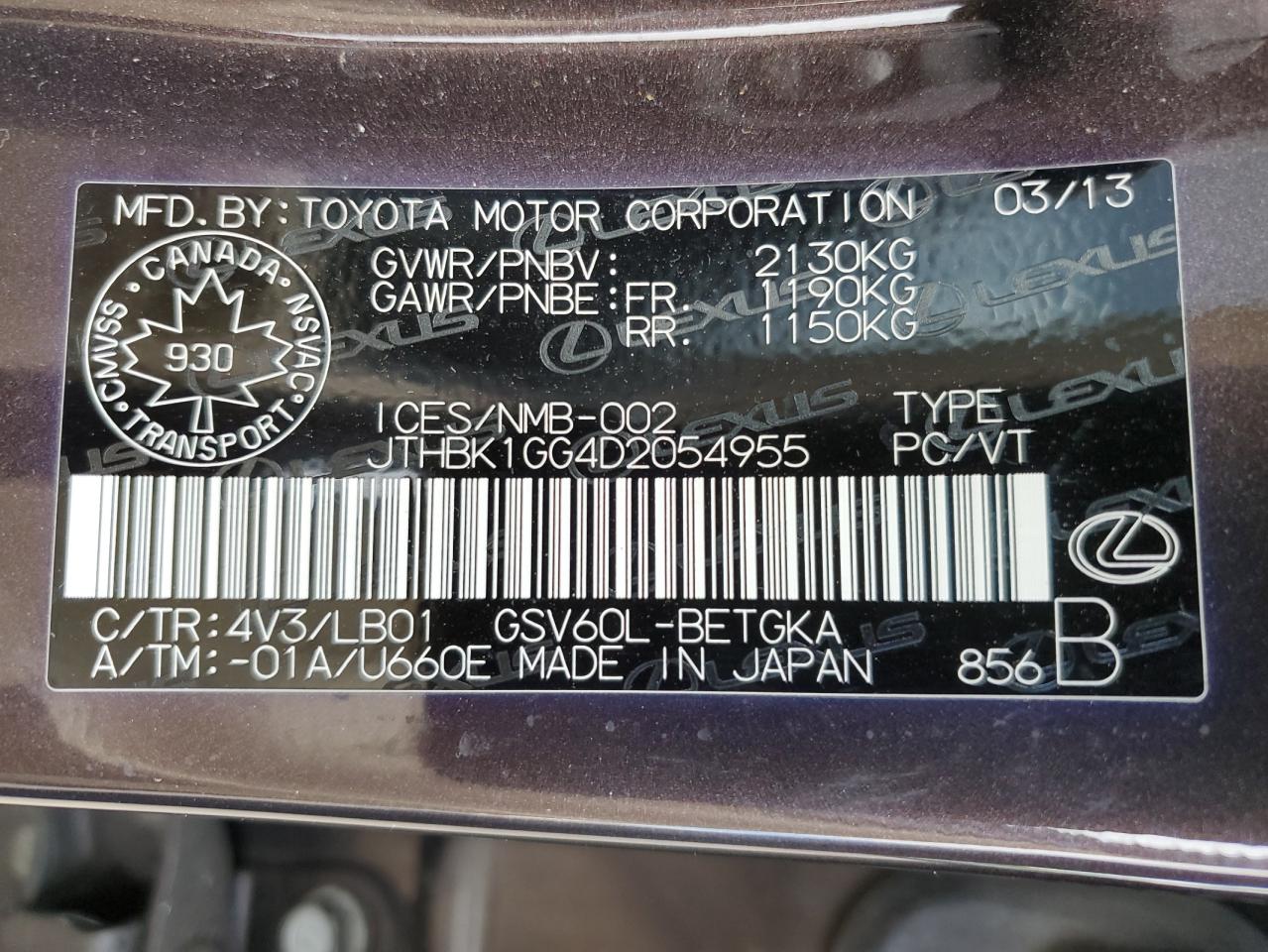 JTHBK1GG4D2054955 2013 Lexus Es 350