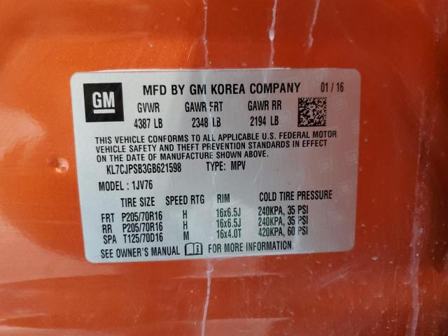 2016 Chevrolet Trax 1Lt VIN: KL7CJPSB3GB621598 Lot: 58418794