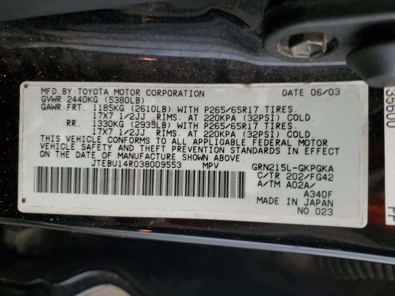 JTEBU14R038009553 2003 Toyota 4Runner Sr5