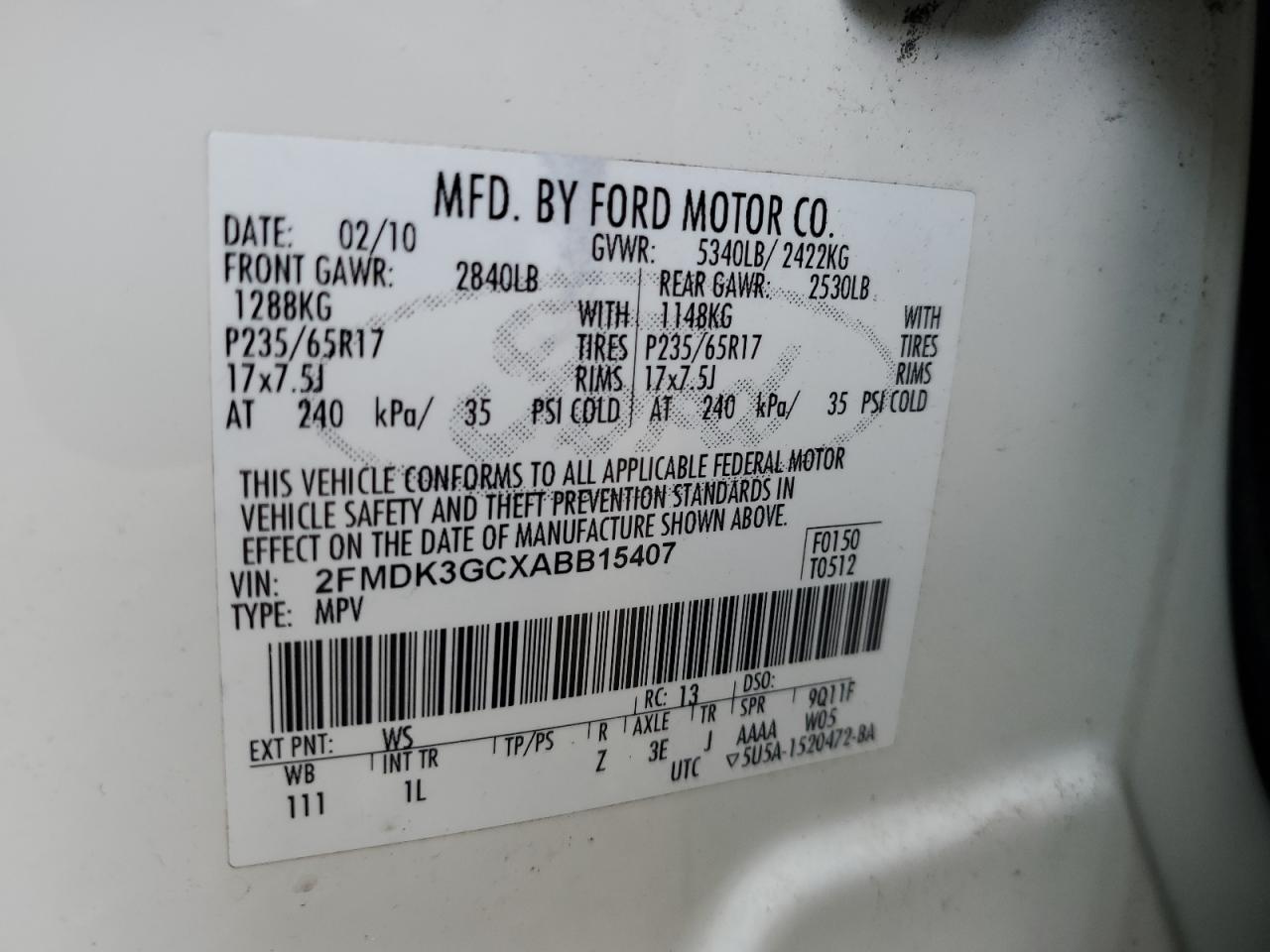 2FMDK3GCXABB15407 2010 Ford Edge Se