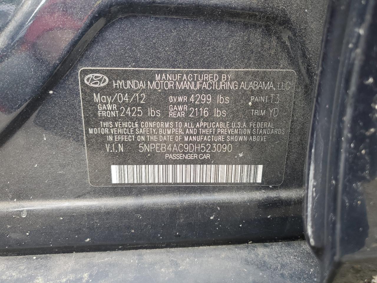 5NPEB4AC9DH523090 2013 Hyundai Sonata Gls