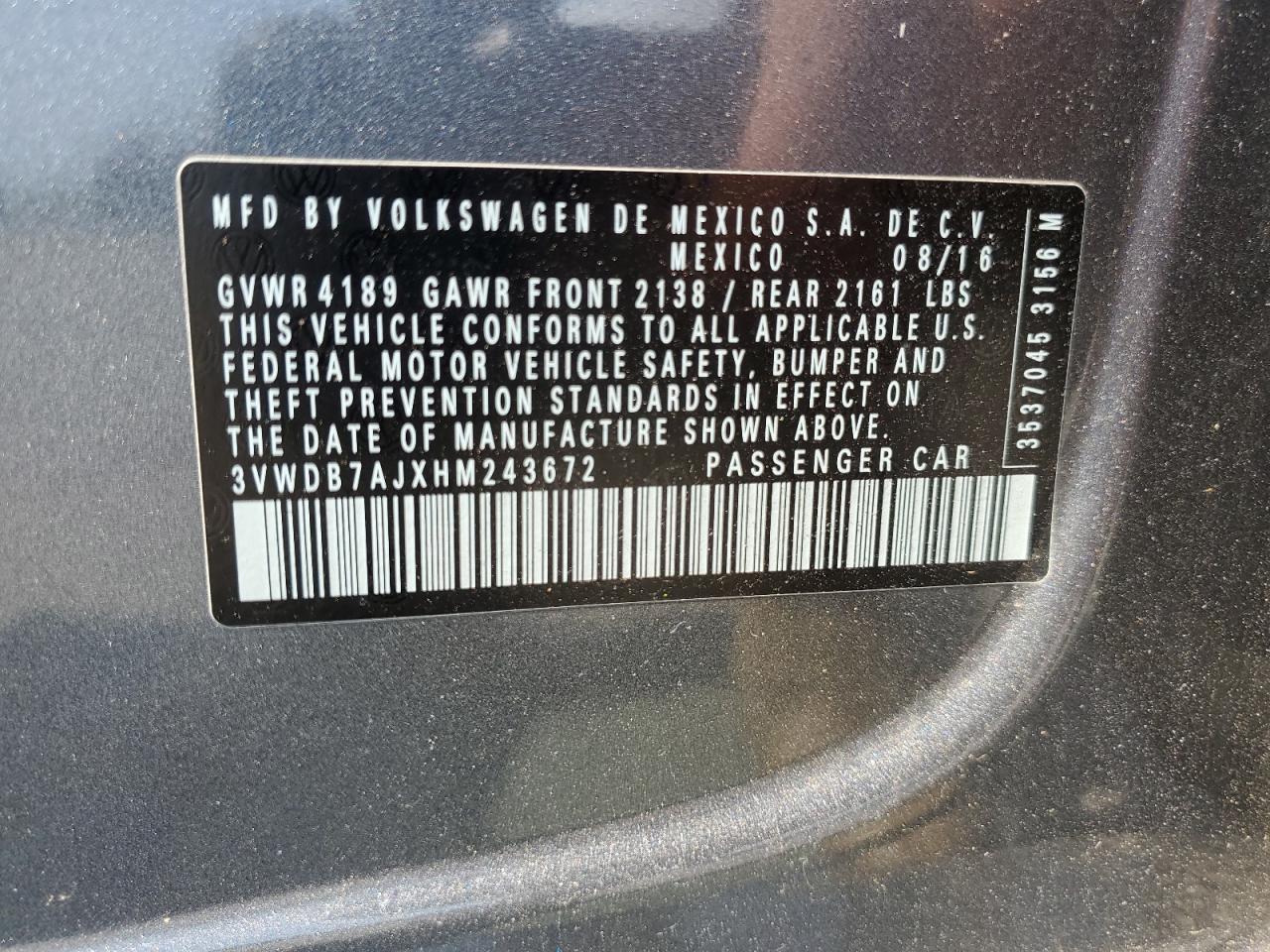 3VWDB7AJXHM243672 2017 Volkswagen Jetta Se