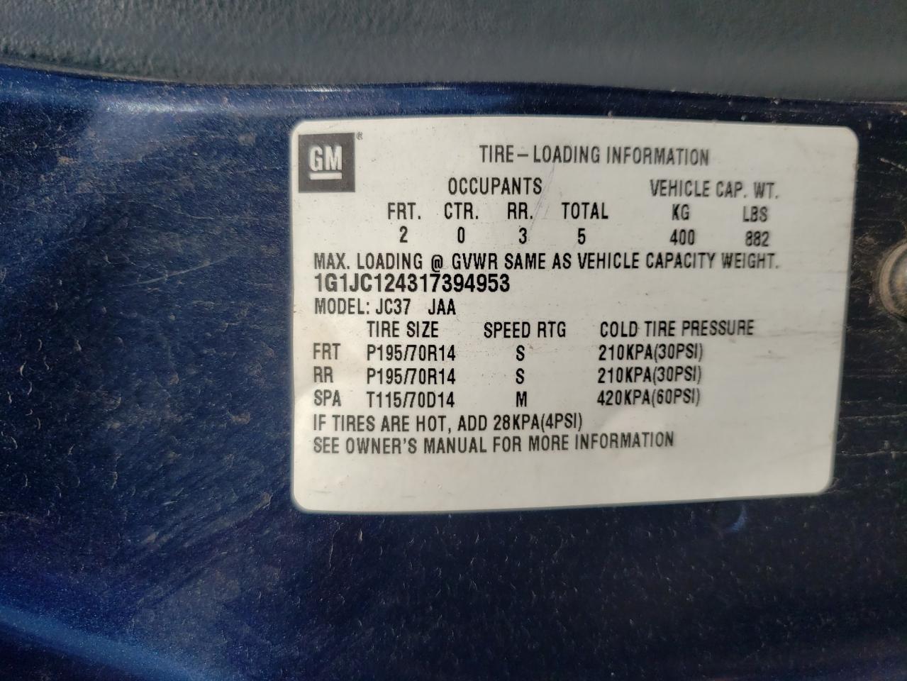 1G1JC124317394953 2001 Chevrolet Cavalier