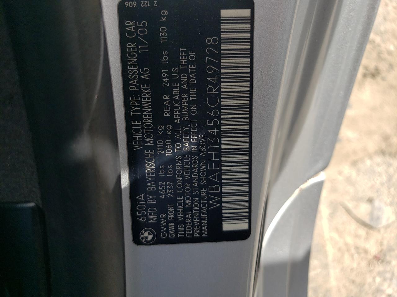 WBAEH13456CR49728 2006 BMW 650 I