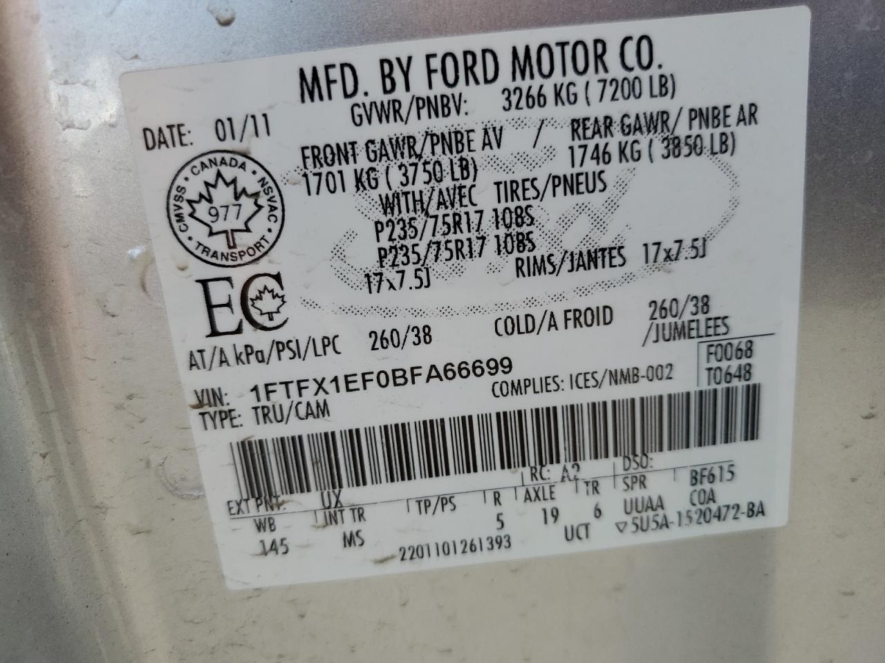 1FTFX1EF0BFA66699 2011 Ford F150 Super Cab