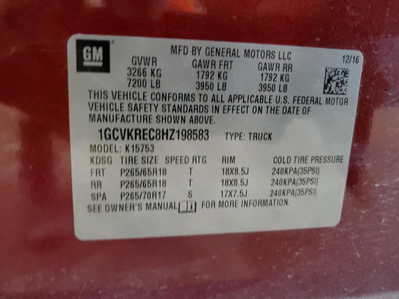 1GCVKREC8HZ198583 2017 Chevrolet Silverado K1500 Lt