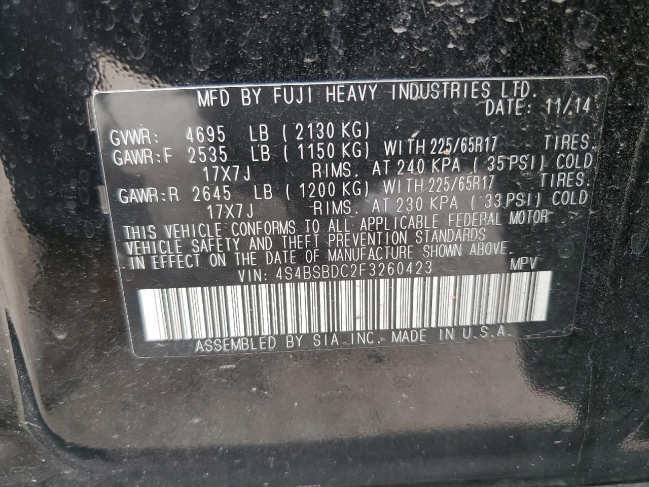 4S4BSBDC2F3260423 2015 Subaru Outback 2.5I Premium