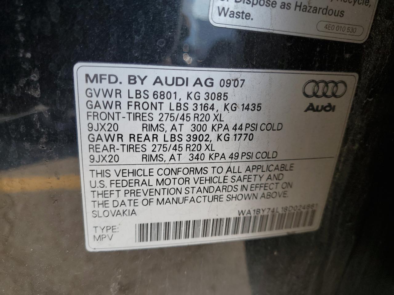 WA1BY74L18D024661 2008 Audi Q7 3.6 Quattro Premium