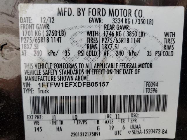 2013 Ford F150 Supercrew VIN: 1FTFW1EFXDFB05157 Lot: 57598334