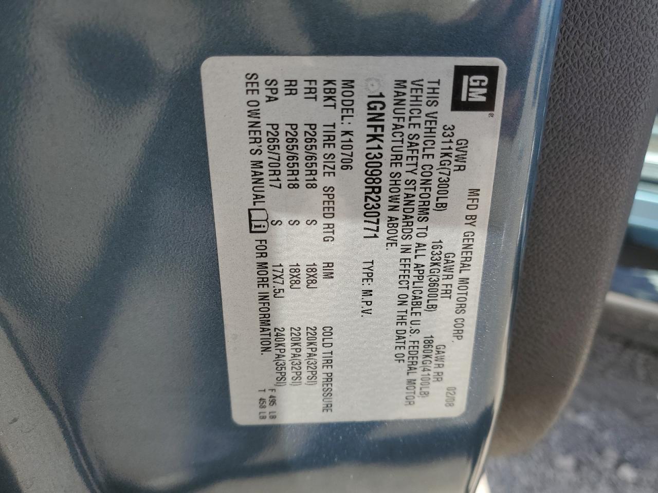 1GNFK13098R230771 2008 Chevrolet Tahoe K1500