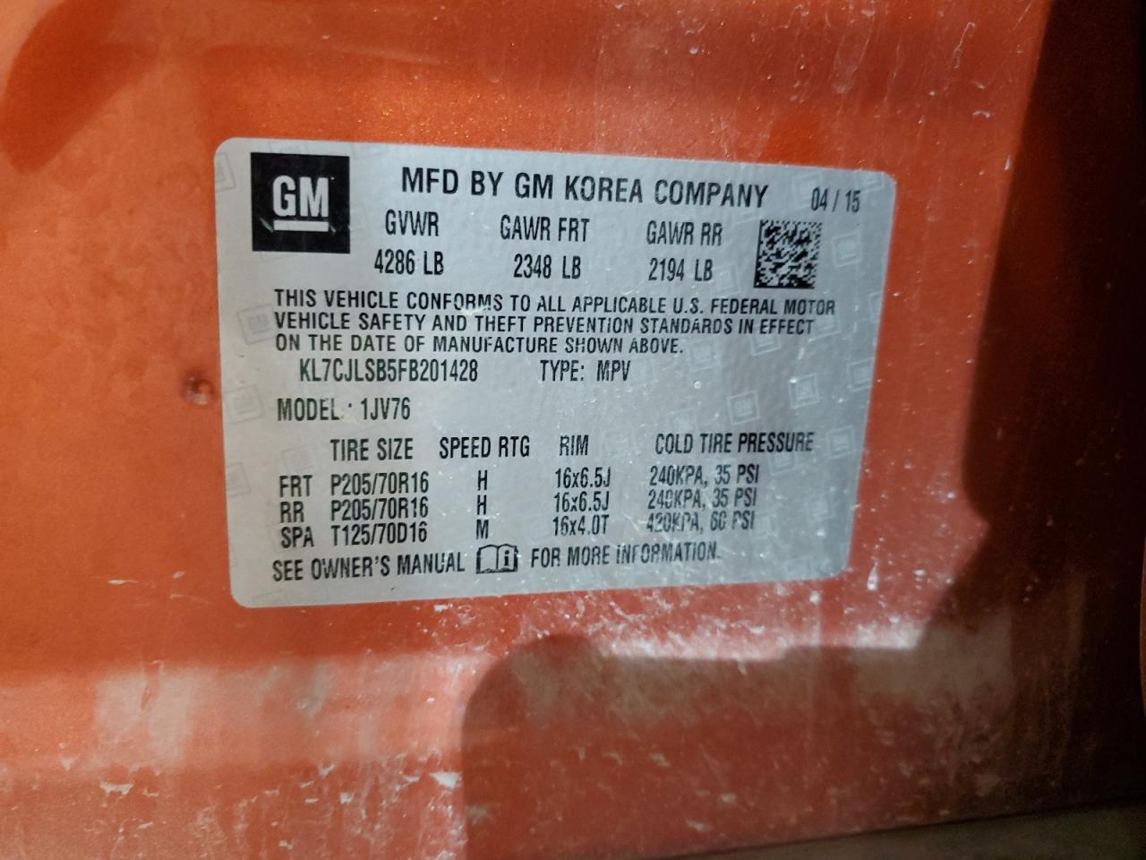 KL7CJLSB5FB201428 2015 Chevrolet Trax 1Lt