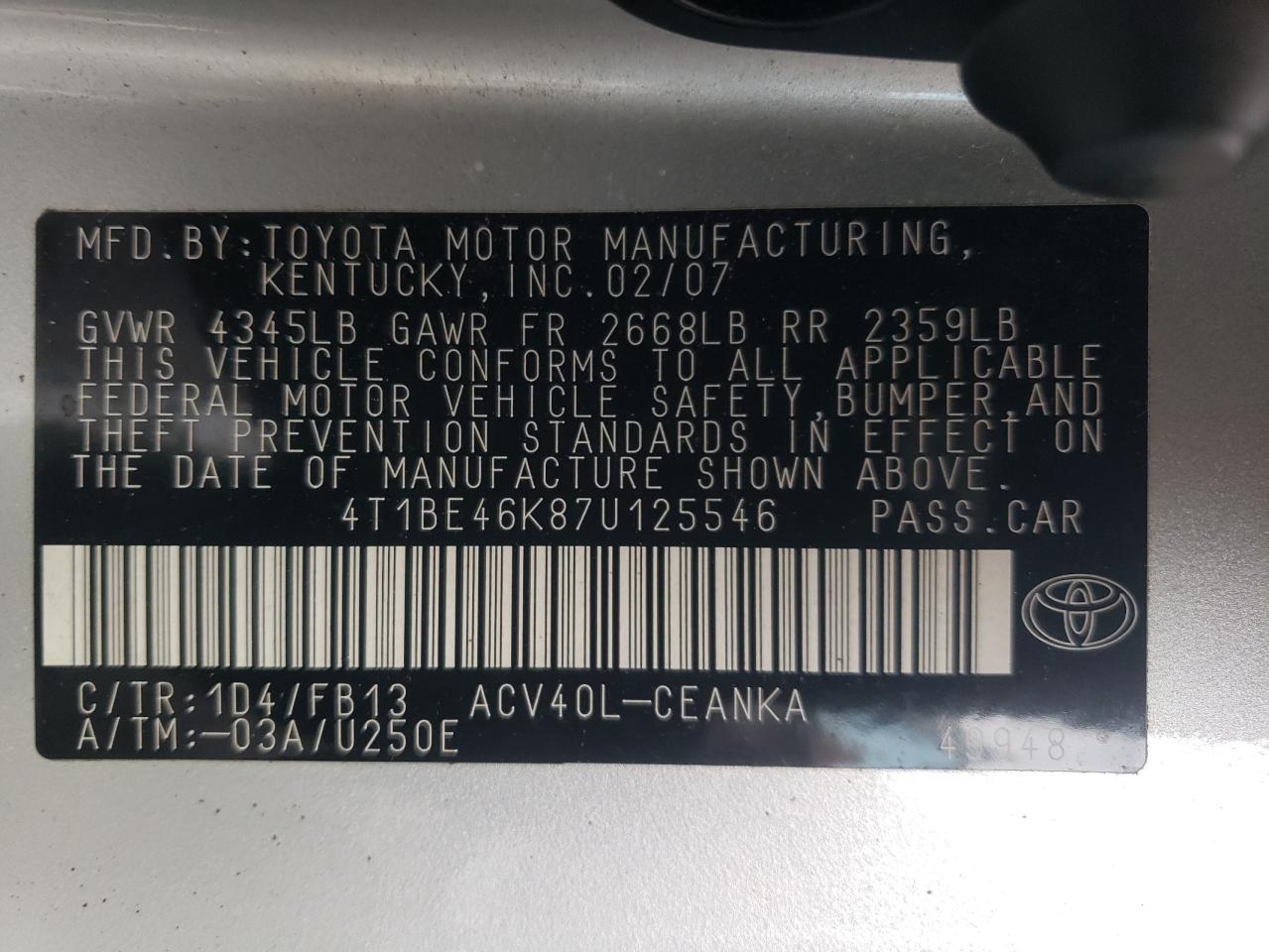 4T1BE46K87U125546 2007 Toyota Camry Ce