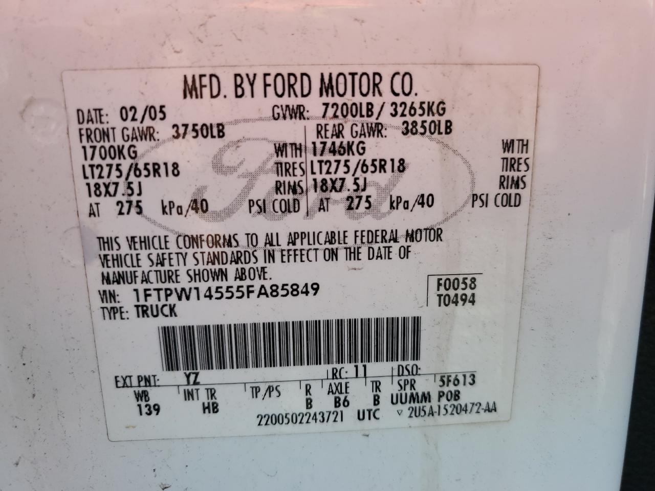 1FTPW14555FA85849 2005 Ford F150 Supercrew