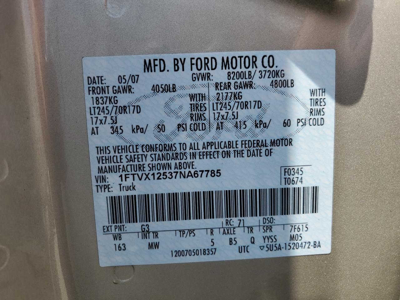 1FTVX12537NA67785 2007 Ford F150
